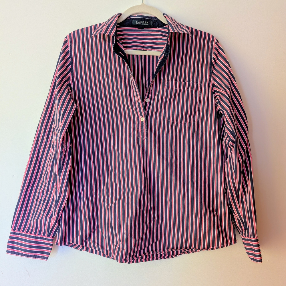 Lauren Ralph Lauren Pink and Navy Striped Button-Front Blouse